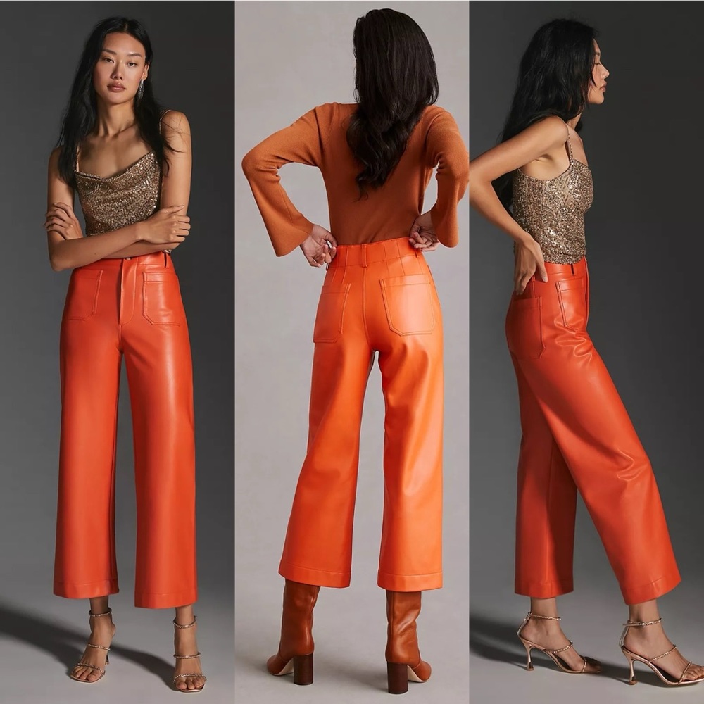 ANTHROPOLOGIE The Colette Cropped Wide-Leg Faux Leather Pants by Maeve in Orange - Picture 3 of 7